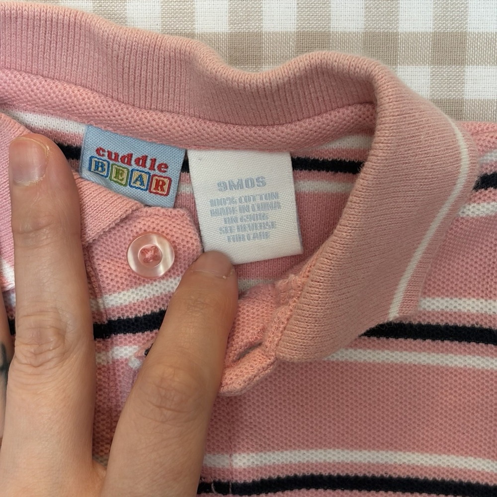 Cuddle Bear Polo Bodysuit Unisex 9M Pink Striped Collared Cotton One Piece Y2K - Picture 4 of 6